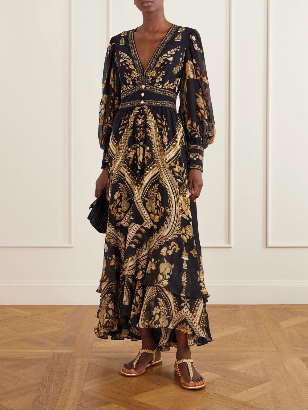 Camilla Black and Gold V-Neck Paisley Maxi Dress